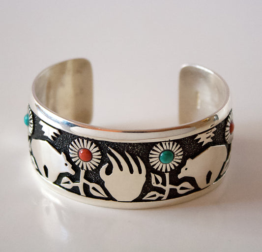 Silver Bracelet with Bear and Bear Claw by Philbert Begay - Navajo