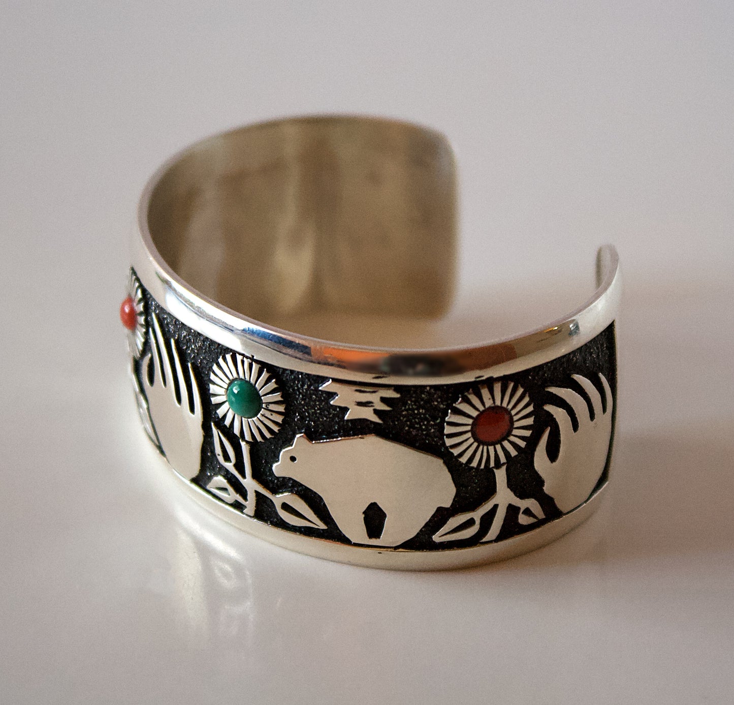Silver Bracelet with Bear and Bear Claw by Philbert Begay - Navajo