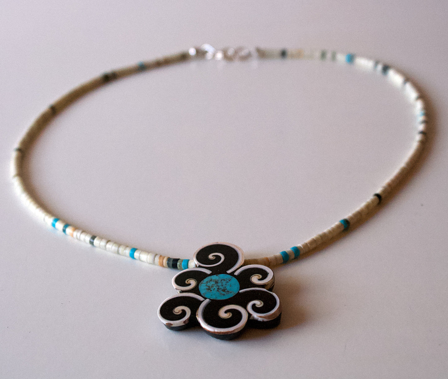 Swirls on Handmade Heishi Necklace by Mary Tafoya - Santo Domingo